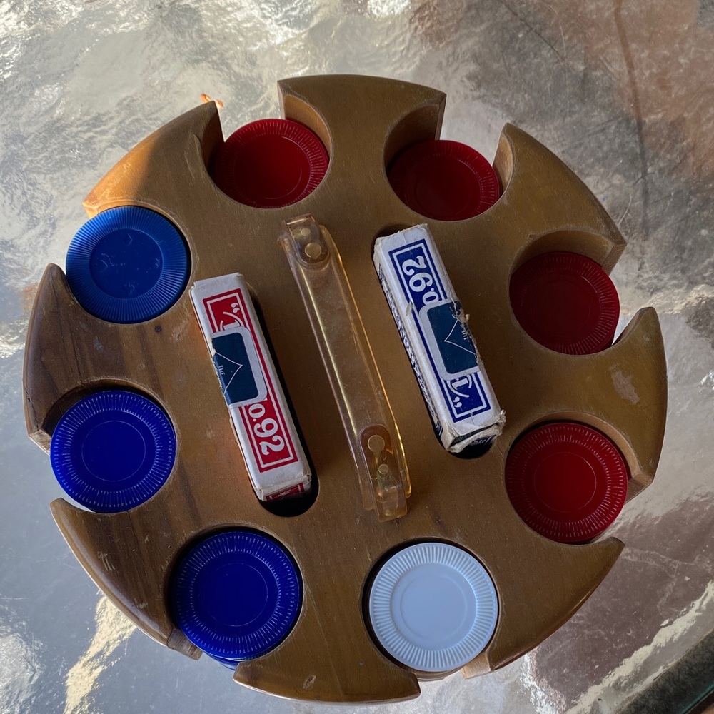 Vintage Round Wooden Poker Chip Card Holder with Red, Blue, and White Chips